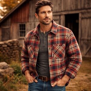 Coleman Shacket Chire Coat Men's XL Red Tan Blue Plaid Shirt Jacket fleece lined